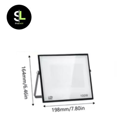 Faro LED 100W con misure 198x164 millimetri su sfondo bianco e logo StripLed.it