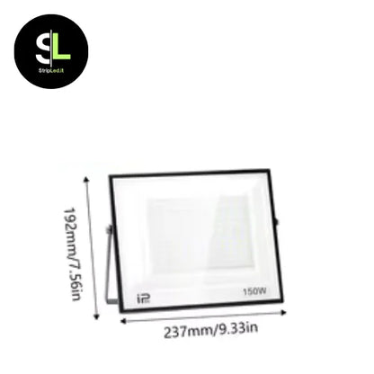 Faro LED 150W con misure 237x192 millimetri ambientata su sfondo bianco con logo StripLed.it