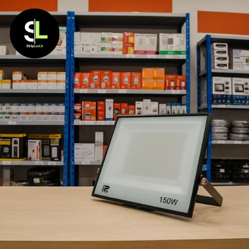 Faro LED 150W esposto su bancone di negozio con scaffali di prodotti elettrici sullo sfondo e logo StripLed.it