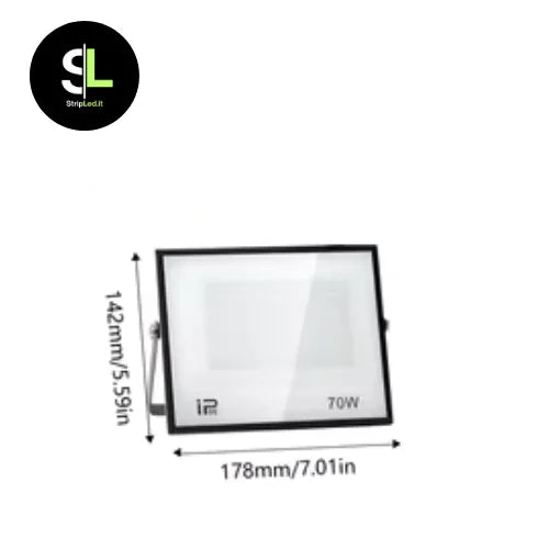 Faro LED 70W con misure 178x142 millimetri su sfondo bianco con logo StripLed.it