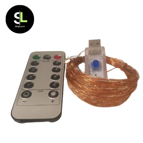 Filo di rame LED con connessione USB e telecomando sfondo bianco e logo StripLed.it