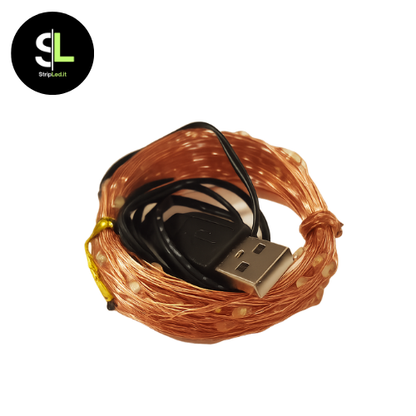 Dettaglio del filo di rame 10 metri con luci LED e alimentazione USB per decorazioni luminose