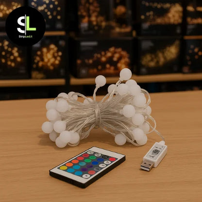 Ghirlanda LED RGBIC 10 metri spenta con telecomando, ambientazione negozio e logo stripled.it