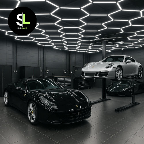 Sistema Hexagon LED 5 moduli 220V bianco freddo installato in garage auto professionale.