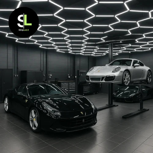 Sistema Hexagon LED 220V bianco freddo installato in garage auto professionale con logo StripLed.it