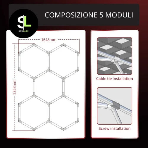 Schema tecnico composizione 5 moduli Hexagon LED 220V con dettagli tecnici e logo StripLed.it