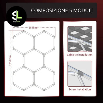 Schema tecnico composizione 5 moduli Hexagon LED 220V con dettagli tecnici e logo StripLed.it