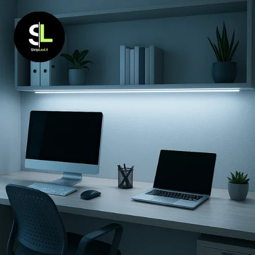 Postazione ufficio con due monitor illuminata da striscia LED luce bianca fredda 6000K sotto la mensola con logo StripLed.it