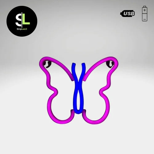 Insegna LED farfalla luce decorativa rosa e blu su sfondo chiaro con logo StripLed.it