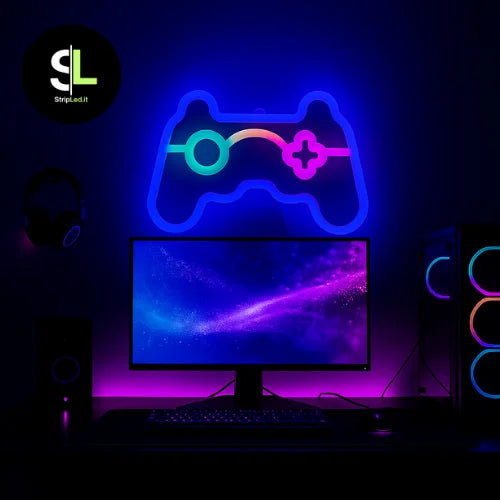 Insegna LED neon a forma di joystick accesa sopra scrivania con logo StripLed.it