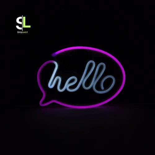 Insegna luminosa LED neon hello accesa con luce viola e bianca su sfondo nero e logo StripLed.it