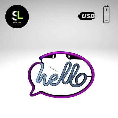 Insegna LED neon USB a forma di fumetto con scritta hello su sfondo neutro con logo StripLed.it