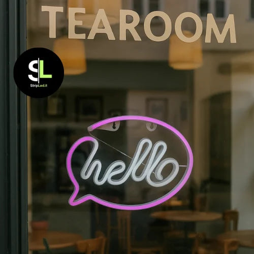 Insegna LED neon hello esposta su vetrina di caffetteria con logo StripLed.it