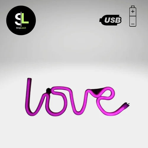 Insegna LED neon USB con scritta love in rosa su sfondo bianco e logo StripLed.it