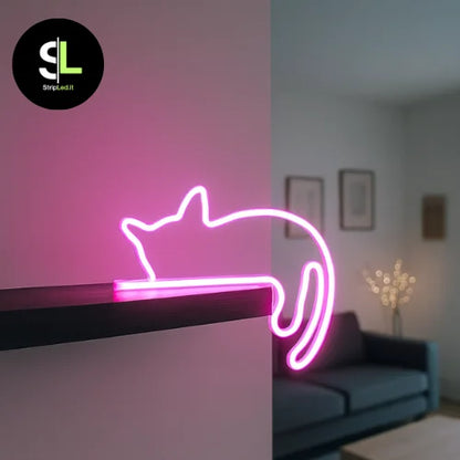 Insegna neon LED gatto rosa su mensola e logo stripled.it