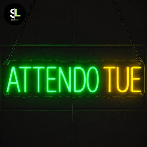 Insegna neon LED ATTENDO TUE verde e gialla da interno con controllo WiFi