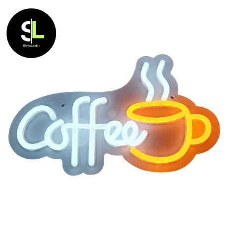 Dettaglio insegna neon LED Coffee decorativa su sfondo bianco e logo StripLed.it