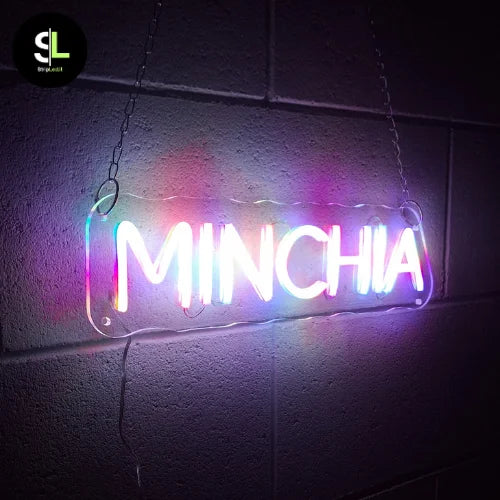 Insegna neon LED MINCHIA digital RGB multicolor con effetti dinamici su parete