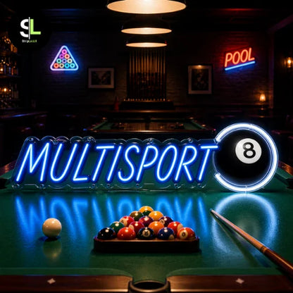 Insegna neon LED MULTISPORT con palla da biliardo su tavolo da biliardo
