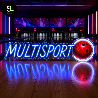 Insegna neon LED MULTISPORT con palla da bowling su pista da bowling