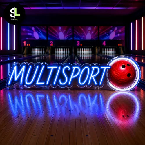 Insegna neon LED MULTISPORT con palla da bowling su pista da bowling