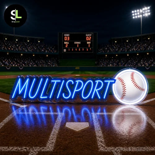 Insegna neon LED MULTISPORT con pallina da baseball su campo da baseball illuminato