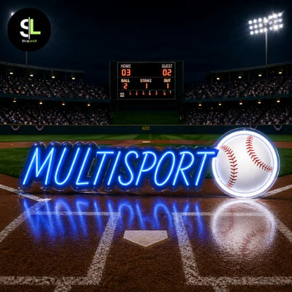 Insegna neon LED MULTISPORT con pallina da baseball su campo da baseball illuminato