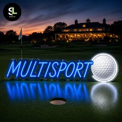 Insegna neon LED MULTISPORT con pallina da golf su campo da golf al tramonto