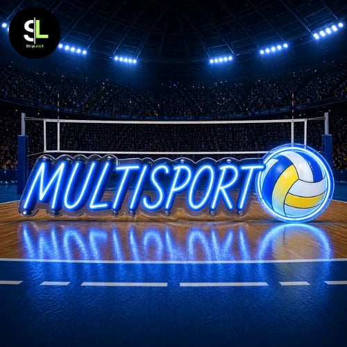 Insegna neon LED MULTISPORT con pallone da pallavolo su campo indoor