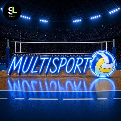 Insegna neon LED MULTISPORT con pallone da pallavolo su campo indoor