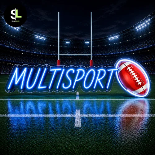 Insegna neon LED MULTISPORT blu con pallone rugby su campo da stadio