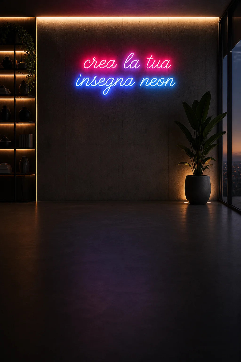 Insegna neon LED personalizzata su parete in cemento in ambiente moderno con strip LED integrate e vista città, soluzione luminosa su misura