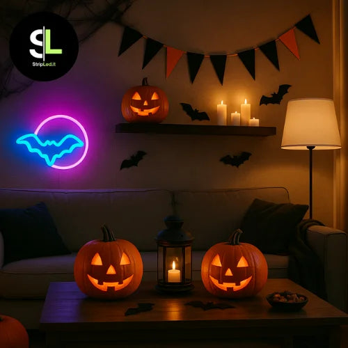 Insegna neon LED a forma di pipistrello accesa su parete decorata per Halloween con logo StripLed.it