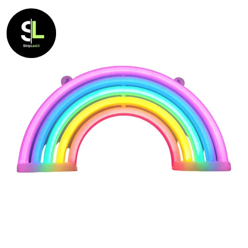 Insegna neon LED decorativa a forma di arcobaleno su sfondo bianco e logo StripLed.it