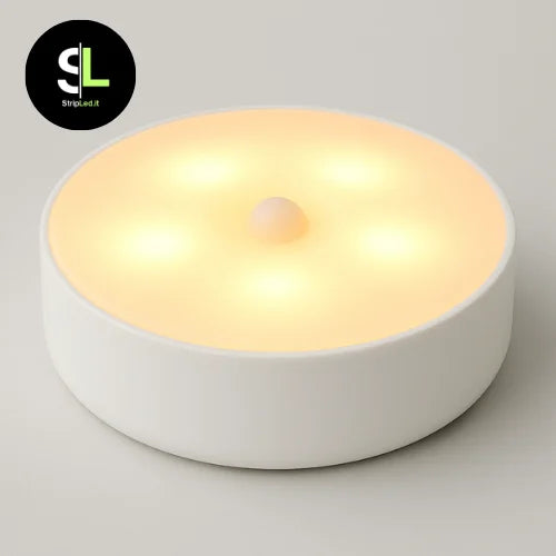 Lampada notturna LED tonda con sensore di movimento e luce calda con logo StripLed.it
