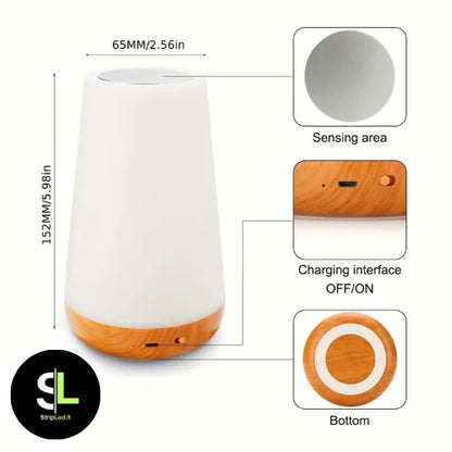 Luce notturna RGB touch dimmerabile con base effetto legno porta di ricarica e misure tecniche con logo StripLed.it