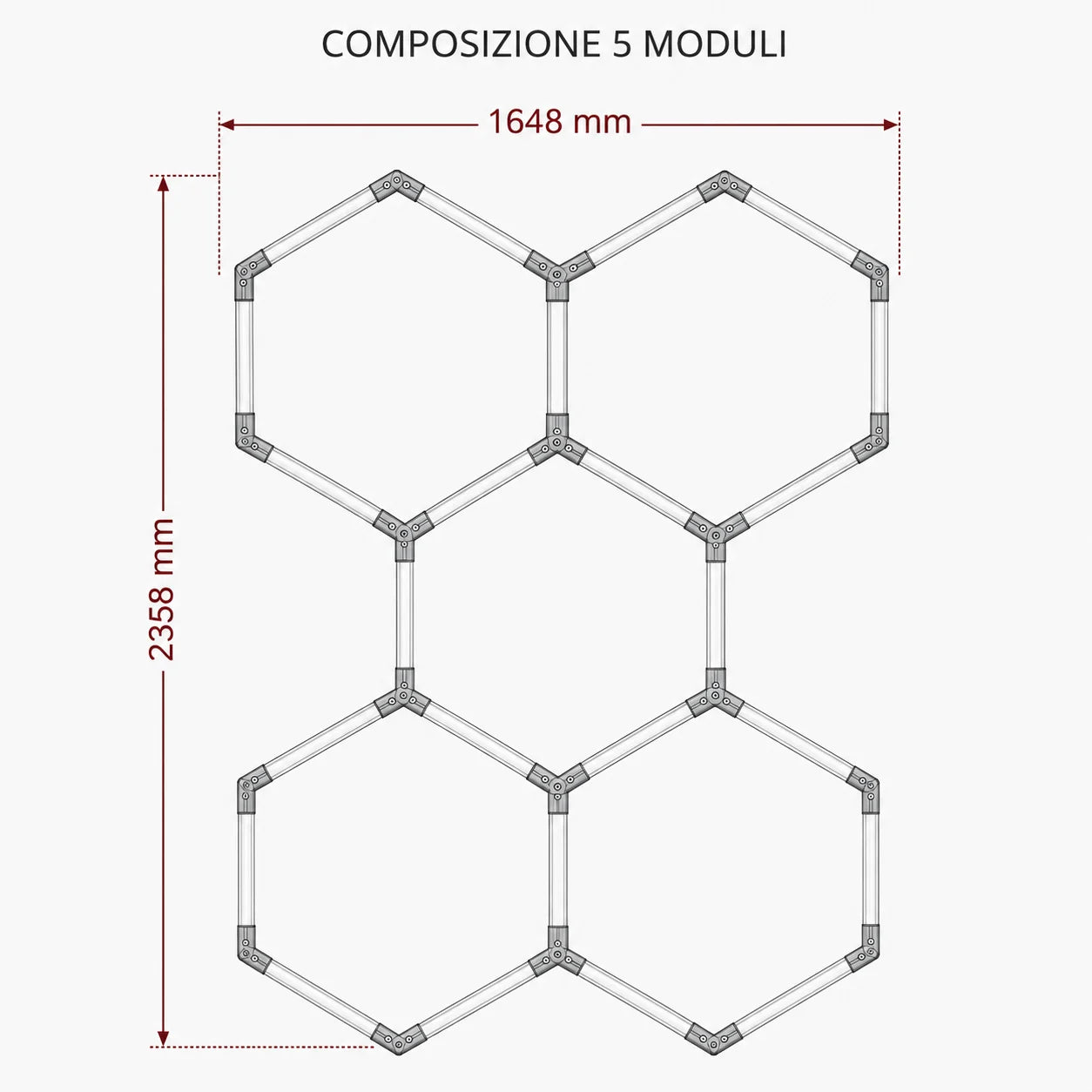 Schema luci esagonali LED 5 moduli con dimensioni 1648 x 2358 mm