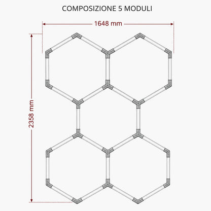 Schema luci esagonali LED 5 moduli con dimensioni 1648 x 2358 mm