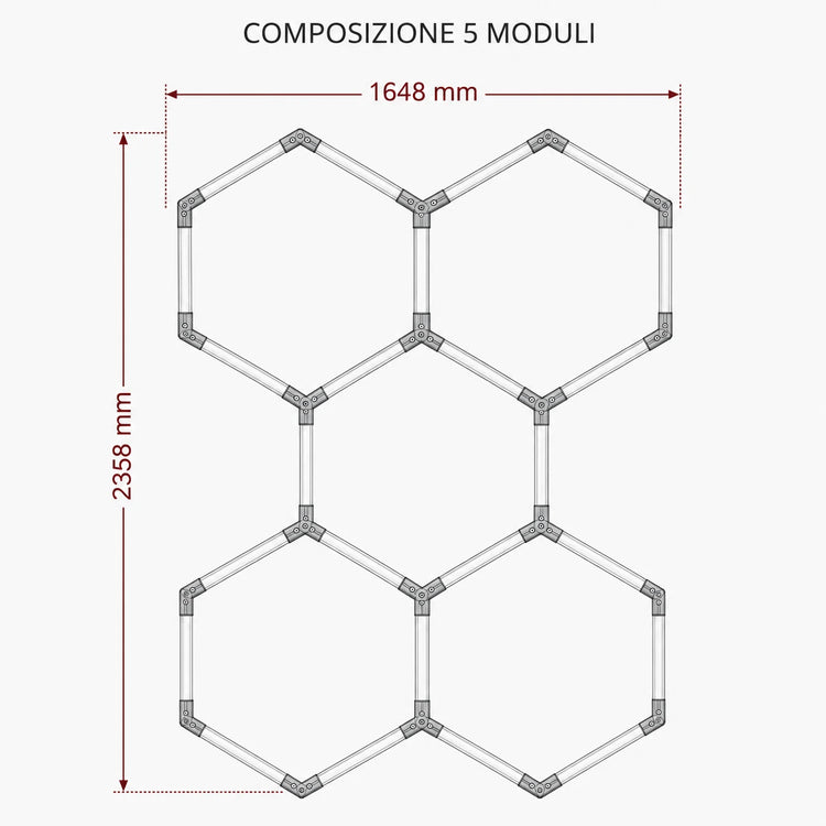 Schema luci esagonali LED 5 moduli con dimensioni 1648 x 2358 mm