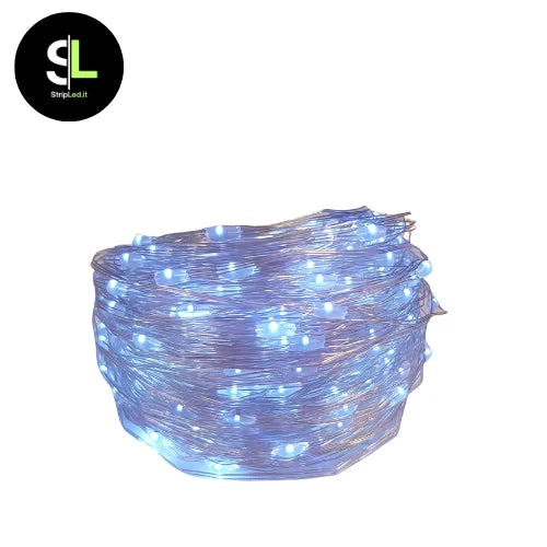 Luci LED bianco freddo 20 metri con micro-lampadine su filo argentato sfondo bianco e logo StripLed.it