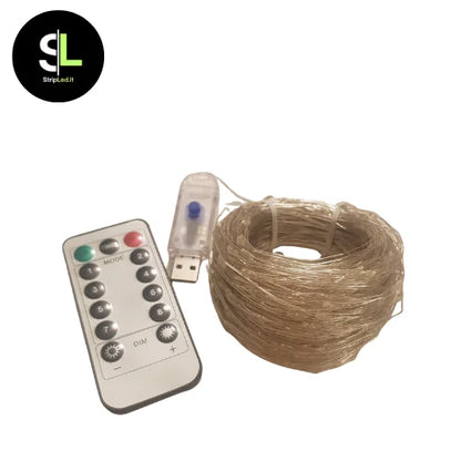 Kit luci a filo LED argento da 30 metri con telecomando multifunzione e alimentazione USB su sfondo bianco con logo StripLed.it