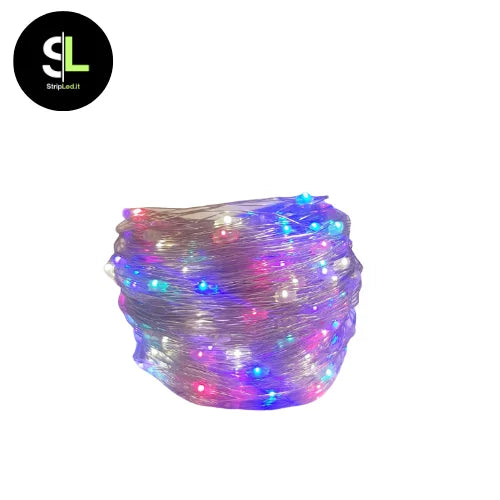 Luci LED multicolore 20 metri con micro-lampadine su filo argentato sfondo bianco e logo StripLed.it