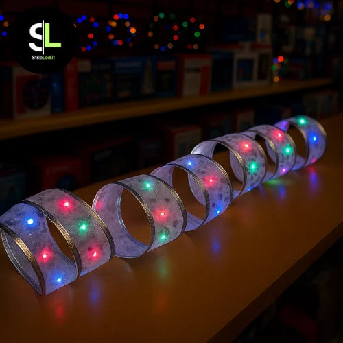 Nastro natalizio LED multicolor acceso in negozio con logo Stripled.it.