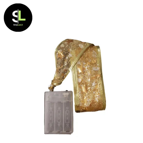 Nastro natalizio oro 10 metri con vano batterie su sfondo bianco e logo StripLed.it