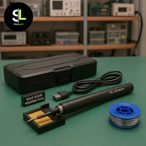 Saldatore a stagno USB-C ricaricabile 8W con accessori su banco da lavoro e logo StripLed.it