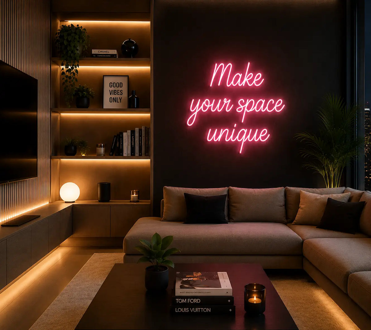 Salotto moderno con illuminazione LED ambientale e insegna neon decorativa rosa in ambiente premium elegante