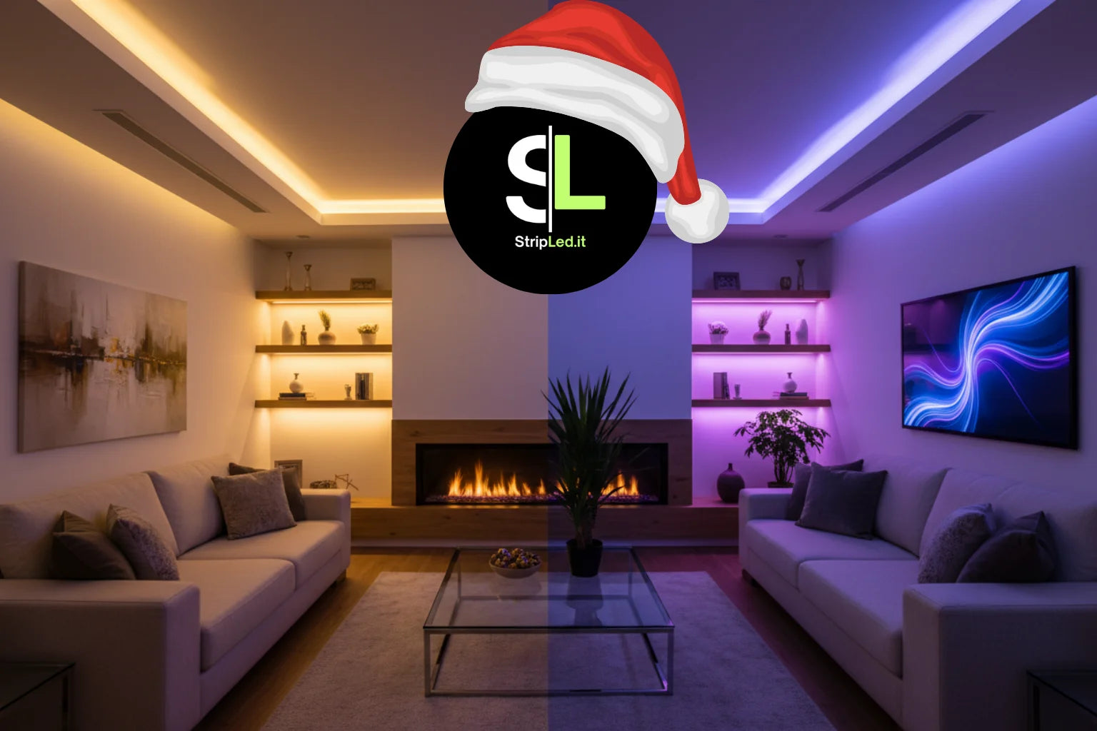Illuminazione LED ambientale in soggiorno moderno con strip LED sullo sfondo logo StripLed.it con cappello di natale