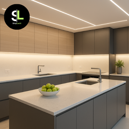 Strip LED COB 5mt 12V bianco naturale 4000K installata in cucina, illuminazione domestica
