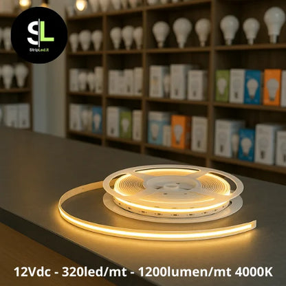 Striscia LED COB 12V 320led/m bianco naturale 4000K accesa su banco di negozio e logo StripLed.it