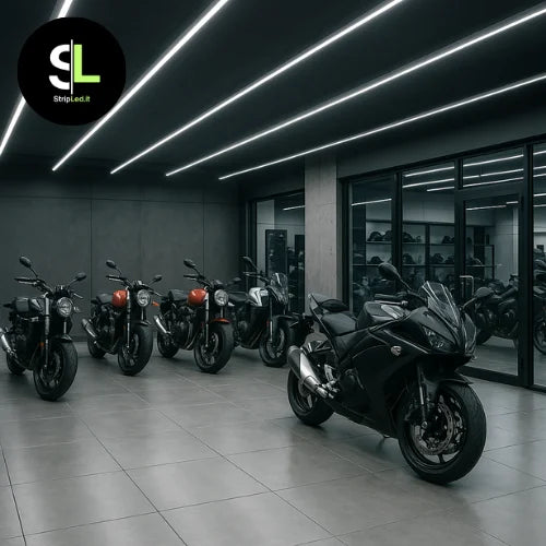 Striscia LED COB 12V 320led/m bianco freddo 6000K installata in showroom moto moderna e logo StripLed.it